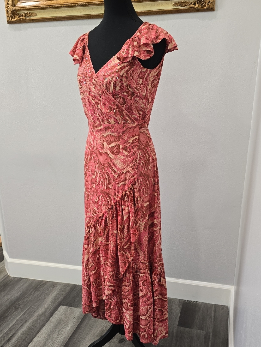 NWT Z&L Floral Pink High-Low Wrap Maxi Dress Ruffle Shoulder S - Picture 8 of 12